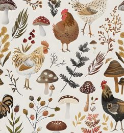 Beige Farm Rooster Peel and Stick Removable Floral Leaf Mushroom Contact Paper 17.5" x 118" Pastoral Style Mural Waterproof Self-Adhesive Wallpap