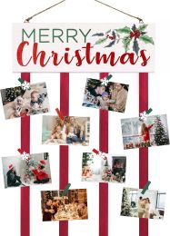 Christmas Card Holder Display with 24 Clips, Wooden Hanging Merry Christmas Sign, Holiday Card Display for Wall or Door Christmas Décor