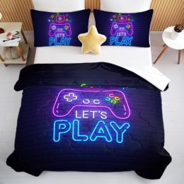 3 Pieces Neon Game Pattern Comforter Set Ultra Soft Bedding Set (Option: Queen-Black)